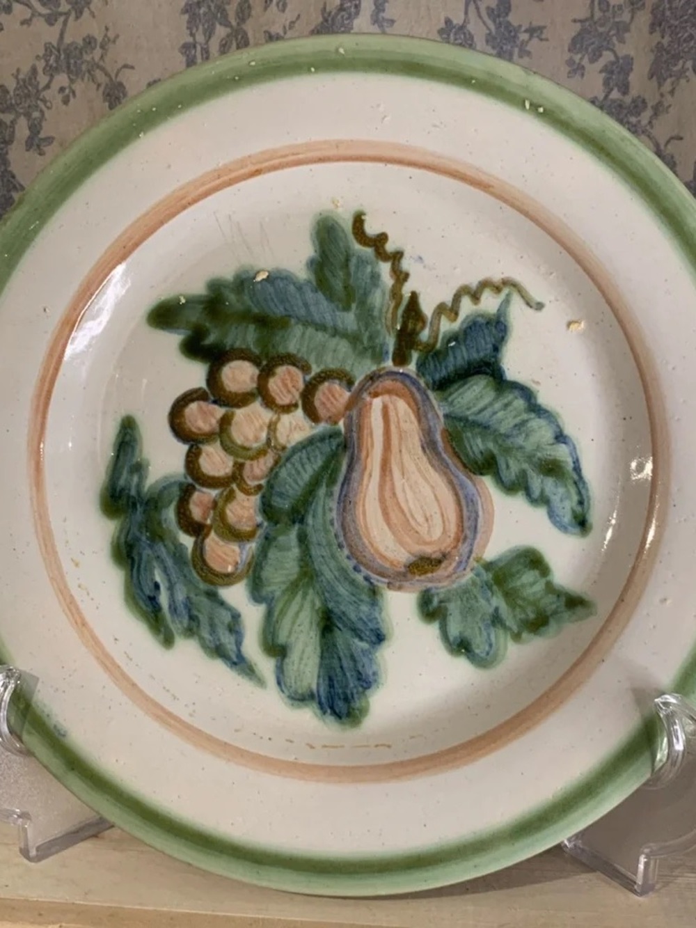 Hand-Painted Ceramic Fruit Plate in Green and Cream
